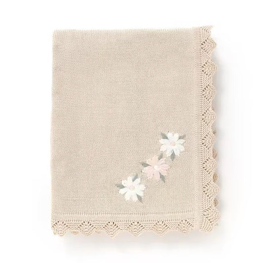 Nanna's Knit Blanket - Camel with embroidered flowers image 1