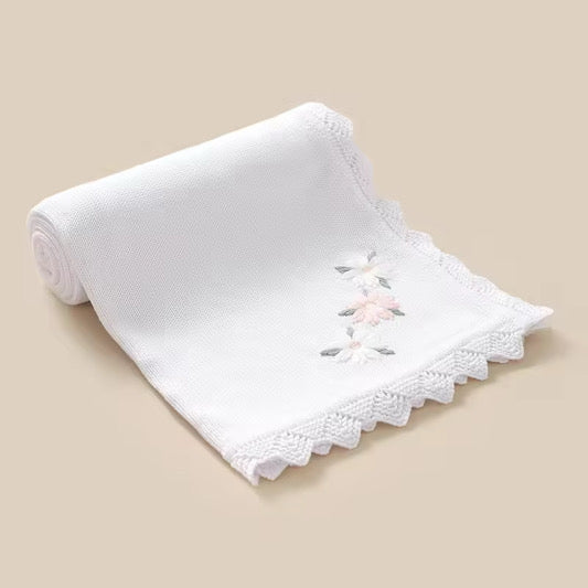 Nanna's Knit Blanket - White with embroidered flowers image 1