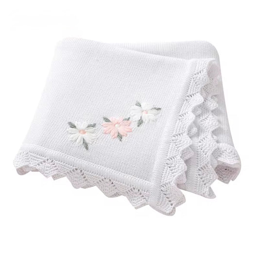 Nanna's Knit Blanket - White with embroidered flowers image 0