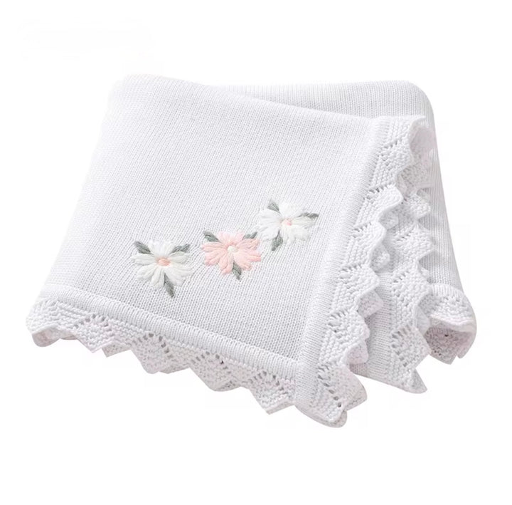 Nanna's Knit Blanket - White with embroidered flowers image 0