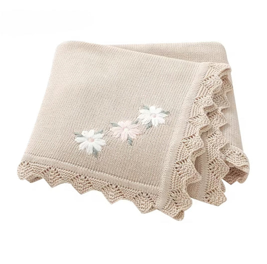 Nanna's Knit Blanket - Camel with embroidered flowers image 0