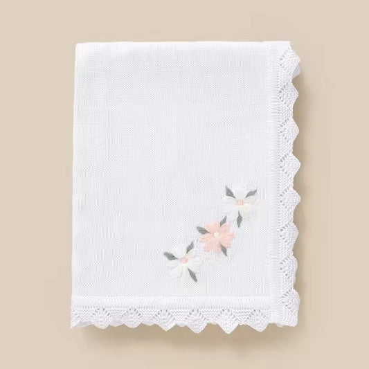 Nanna's Knit Blanket - White with embroidered flowers image 2